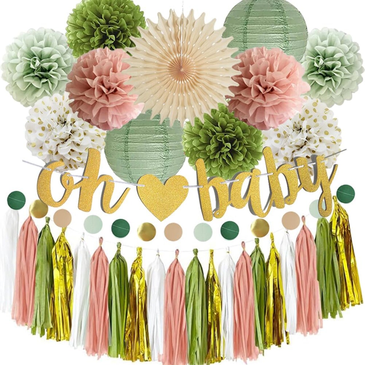 Green Pink Gold Baby Shower Decorations(Sage Green, Dusty Pink, Olive Green)